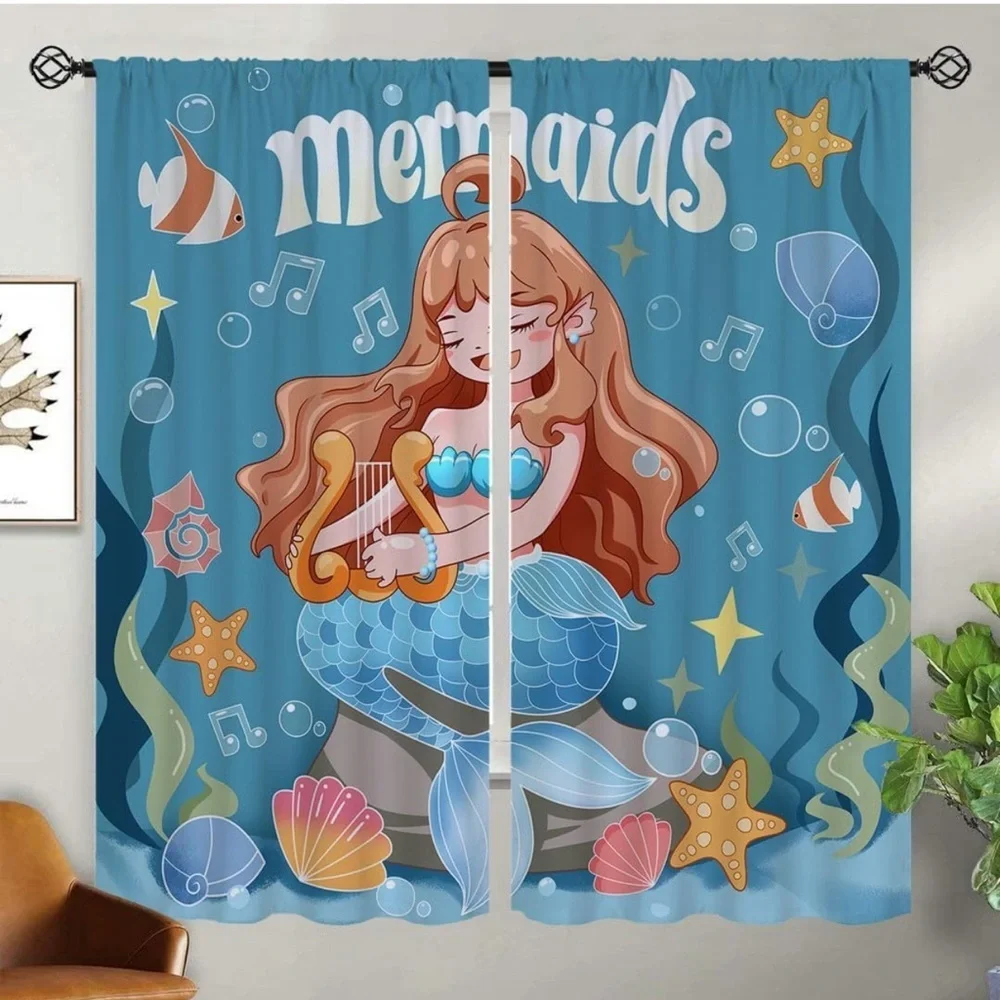 Mermaid Cartoon Ocean Princess Starfish Fish Shell themed curtain panels 45x45